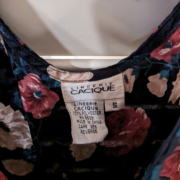 Vintage Silky Lingerie Cacique Slip Dress with Bows (Navy Floral, Size: Small) - Picture 5 of 7
